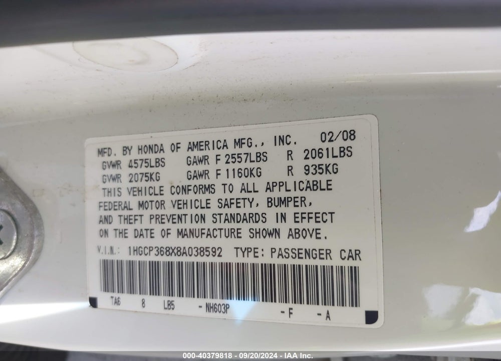 2008 HONDA ACCORD 3.5 EX-L VIN: 1HGCP368X8A038592