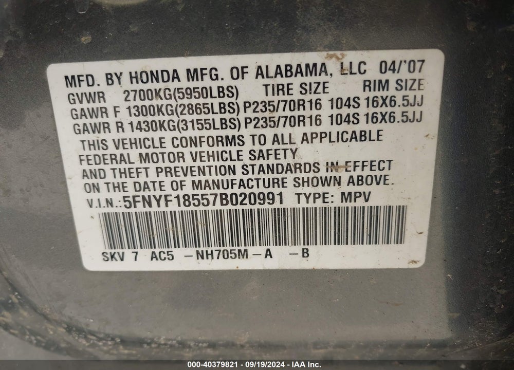 2007 HONDA PILOT EX-L VIN: 5FNYF18557B020991