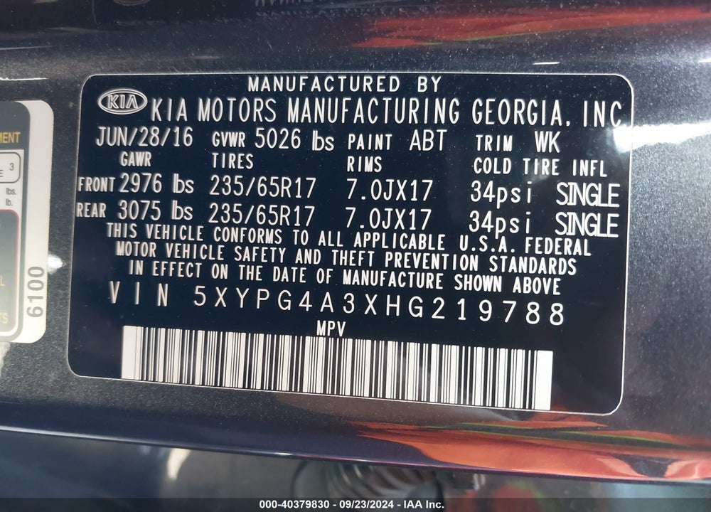2017 KIA SORENTO 2.4L LX VIN: 5XYPG4A3XHG219788