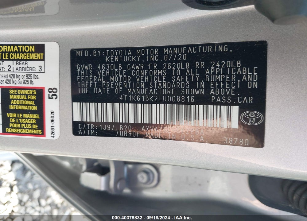2020 TOYOTA CAMRY XSE AWD VIN: 4T1K61BK2LU008816