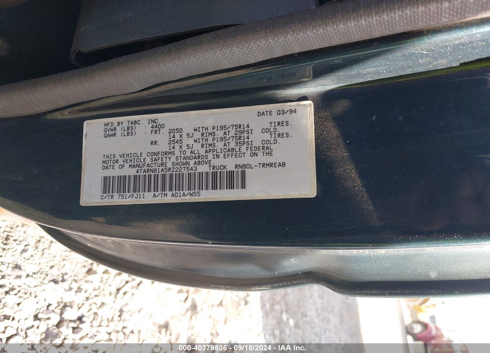 1994 TOYOTA PICKUP 1/2 TON SHORT WHLBASE STB VIN: 4TARN81A5RZ227543