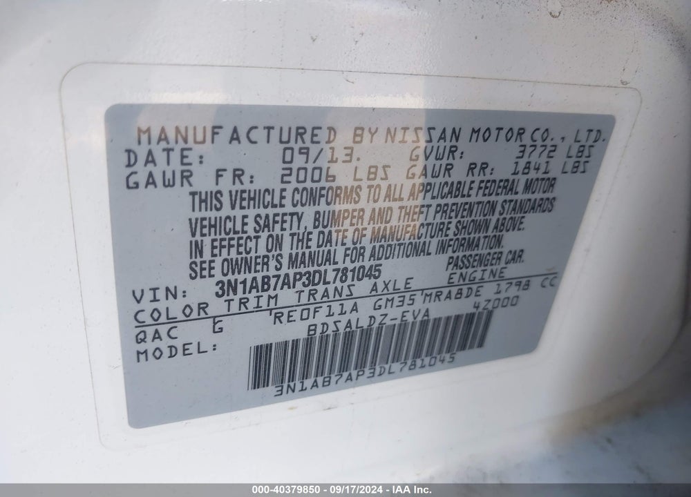 2013 NISSAN SENTRA SV VIN: 3N1AB7AP3DL781045