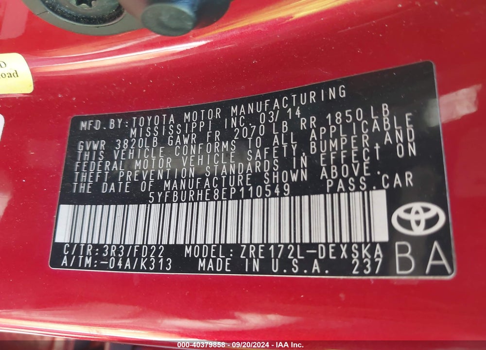 2014 TOYOTA COROLLA S VIN: 5YFBURHE8EP110549