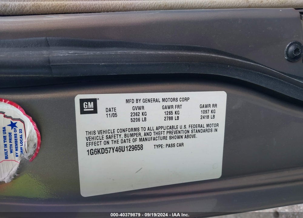2006 CADILLAC DTS STANDARD VIN: 1G6KD57Y46U129658