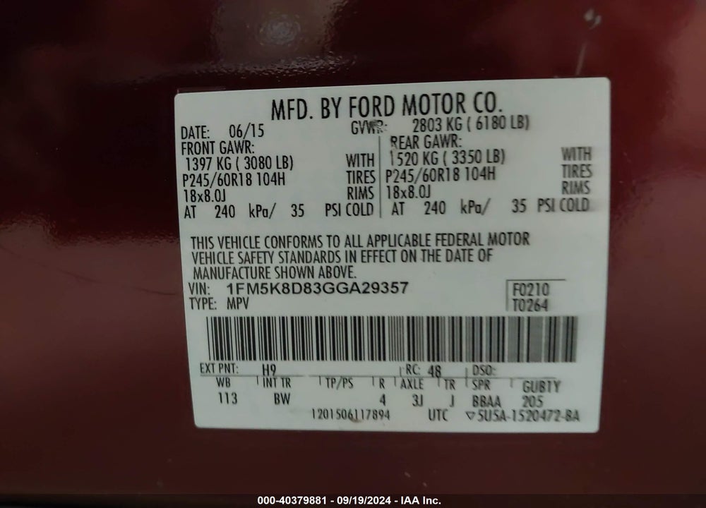 2016 FORD EXPLORER XLT VIN: 1FM5K8D83GGA29357
