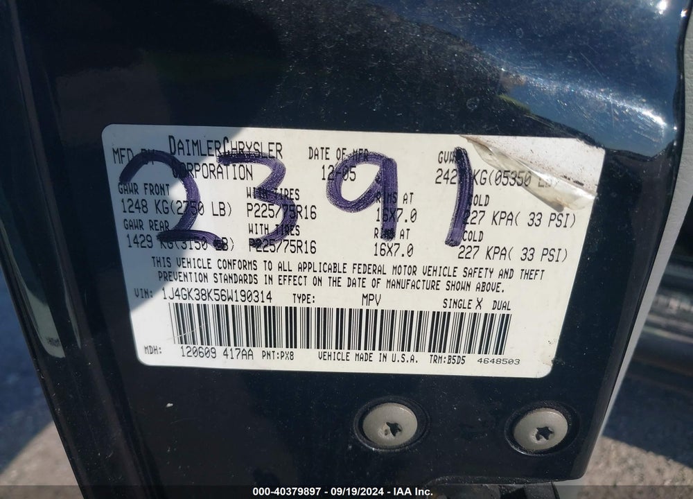 2006 JEEP LIBERTY RENEGADE VIN: 1J4GK38K56W190314