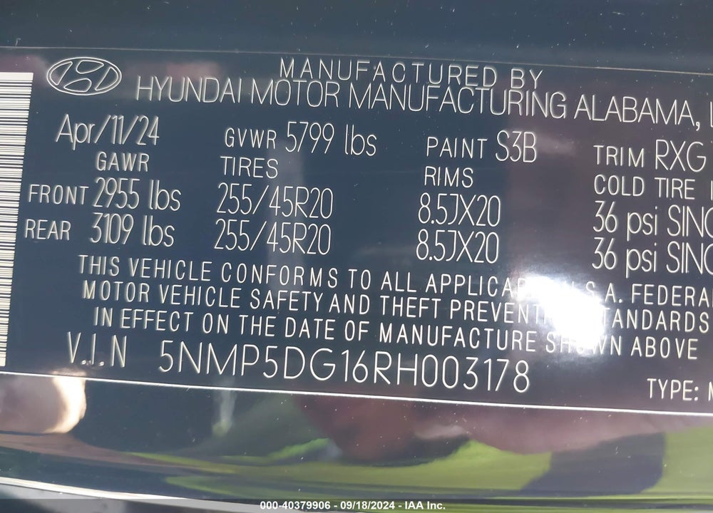 2024 HYUNDAI SANTA FE HYBRID CALLIGRAPHY VIN: 5NMP5DG16RH003178