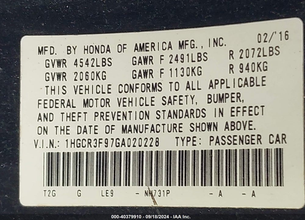 2016 HONDA ACCORD TOURING VIN: 1HGCR3F97GA020228