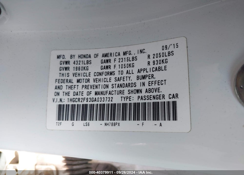 2016 HONDA ACCORD EX-L VIN: 1HGCR2F93GA033732