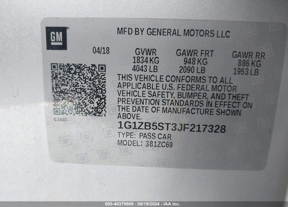 2018 CHEVROLET MALIBU VIN: 1G1ZB5ST3JF217328