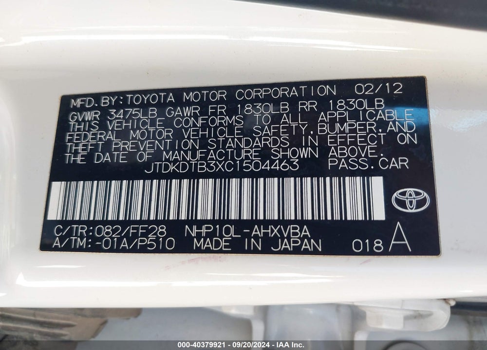 2012 TOYOTA PRIUS C TWO VIN: JTDKDTB3XC1504463