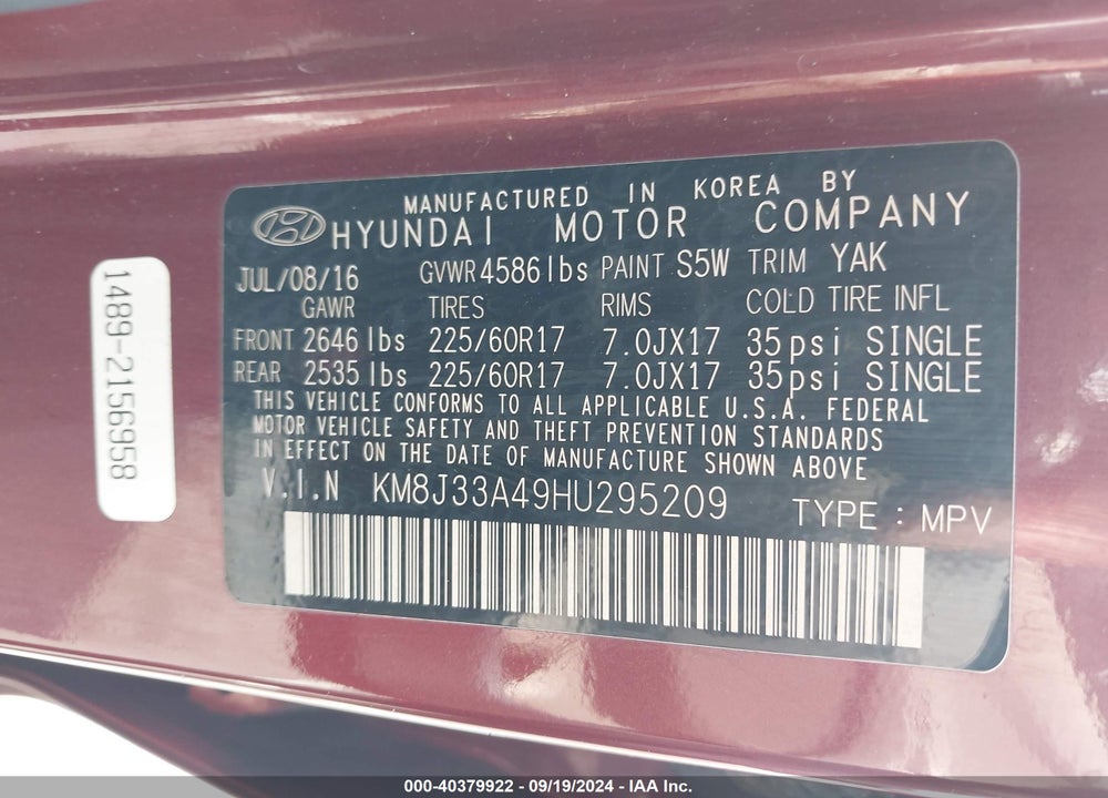 2017 HYUNDAI TUCSON SE VIN: KM8J33A49HU295209