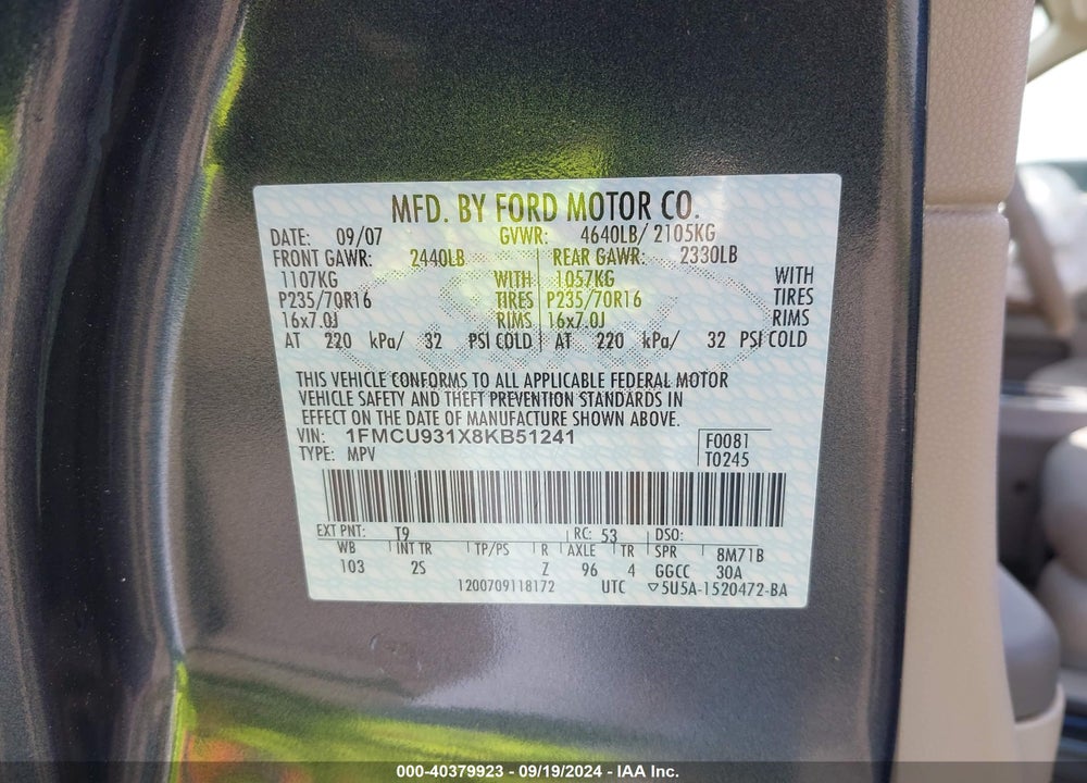 2008 FORD ESCAPE XLT VIN: 1FMCU931X8KB51241
