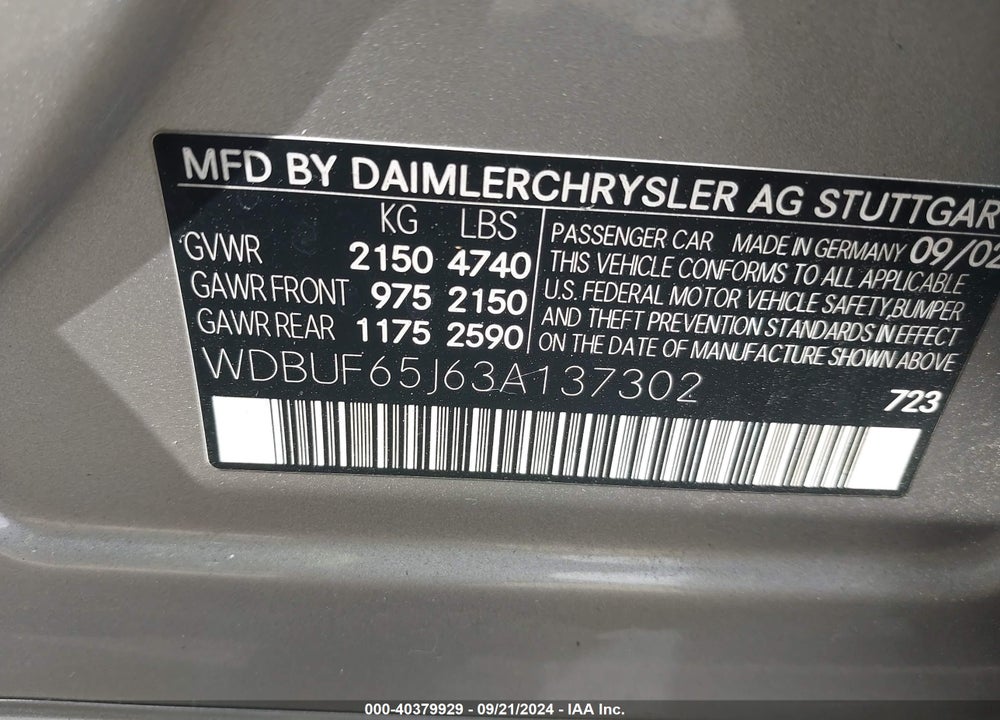 2003 MERCEDES-BENZ E 320 VIN: WDBUF65J63A137302