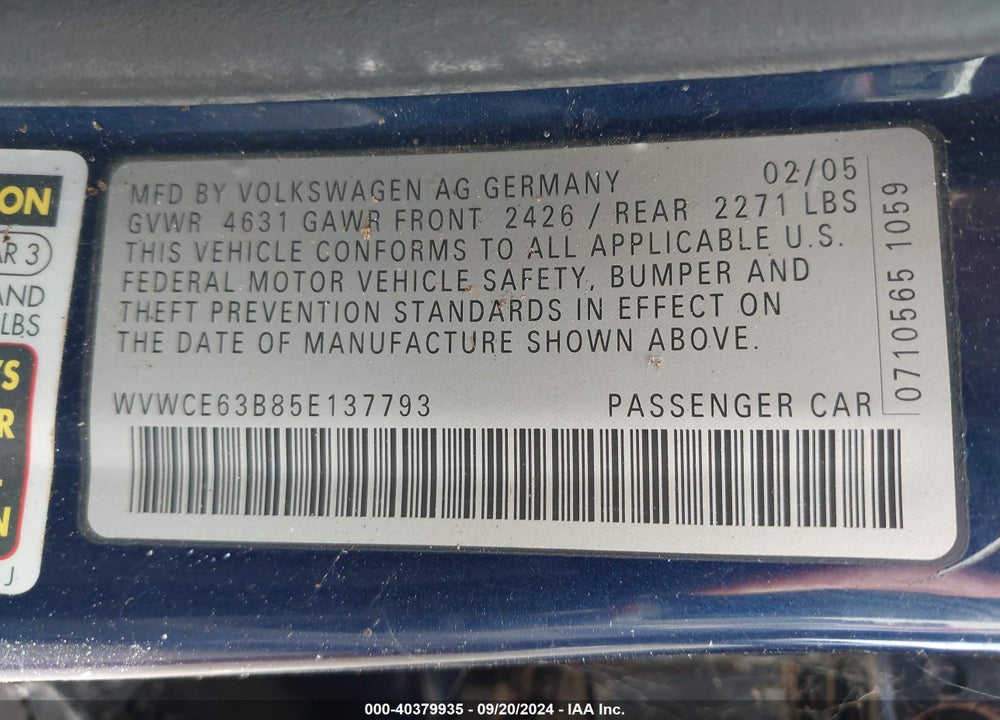 2005 VOLKSWAGEN PASSAT GLS TDI VIN: WVWCE63B85E137793