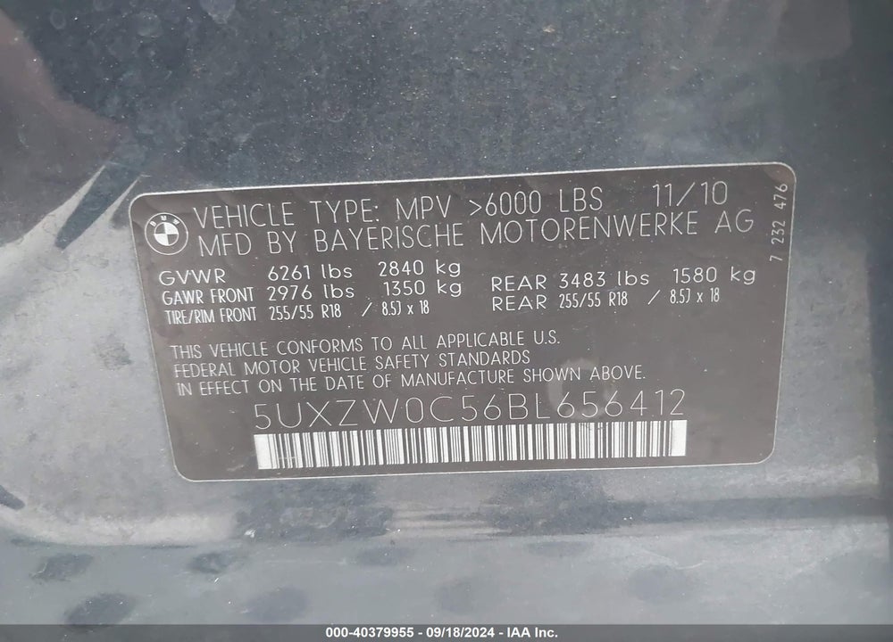 2011 BMW X5 XDRIVE35D VIN: 5UXZW0C56BL656412