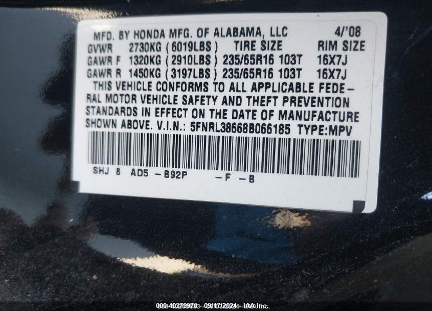 2008 HONDA ODYSSEY EX-L VIN: 5FNRL38668B066185