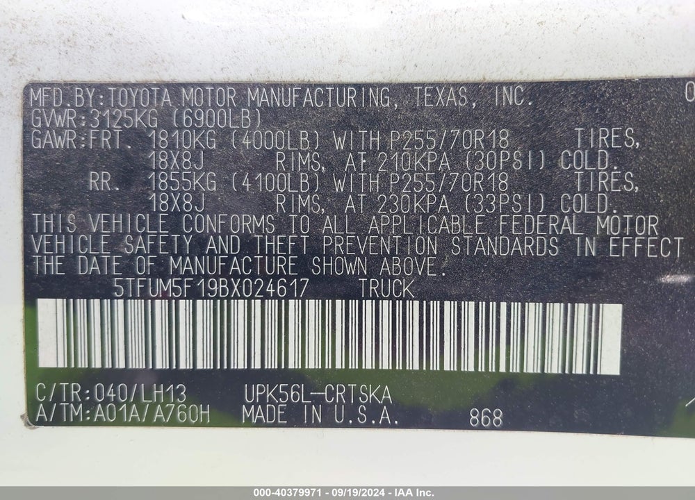 2011 TOYOTA TUNDRA GRADE 4.6L V8 VIN: 5TFUM5F19BX024617