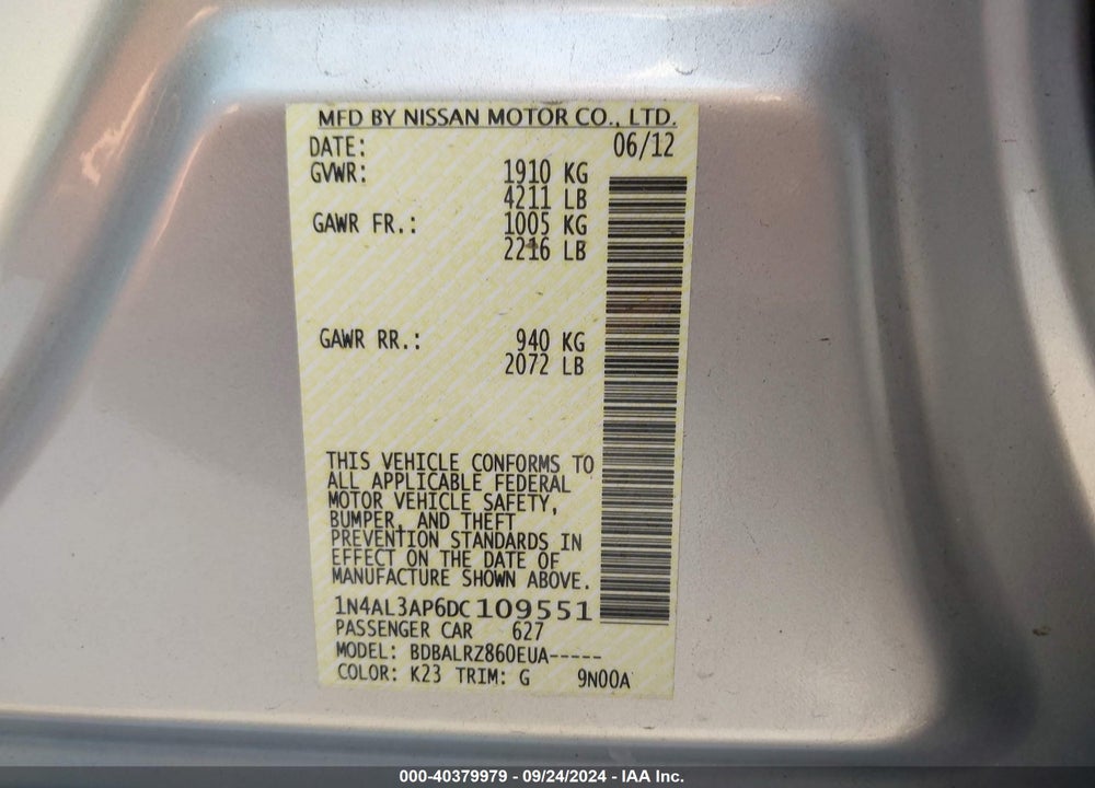 2013 NISSAN ALTIMA 2.5 S VIN: 1N4AL3AP6DC109551