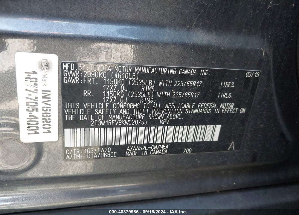 2019 TOYOTA RAV4 XLE VIN: 2T3W1RFV8KW020753