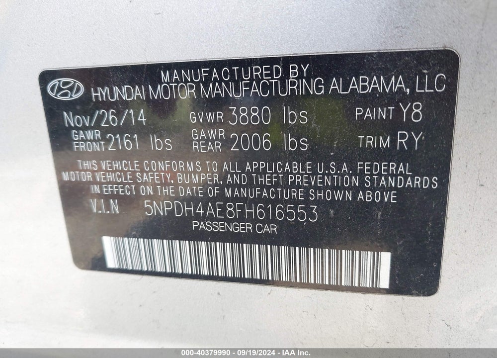 2015 HYUNDAI ELANTRA SE VIN: 5NPDH4AE8FH616553