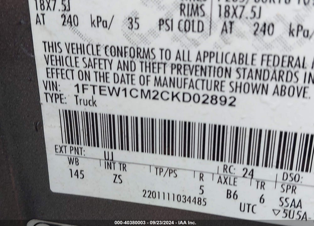 2012 FORD F-150 XLT VIN: 1FTEW1CM2CKD02892