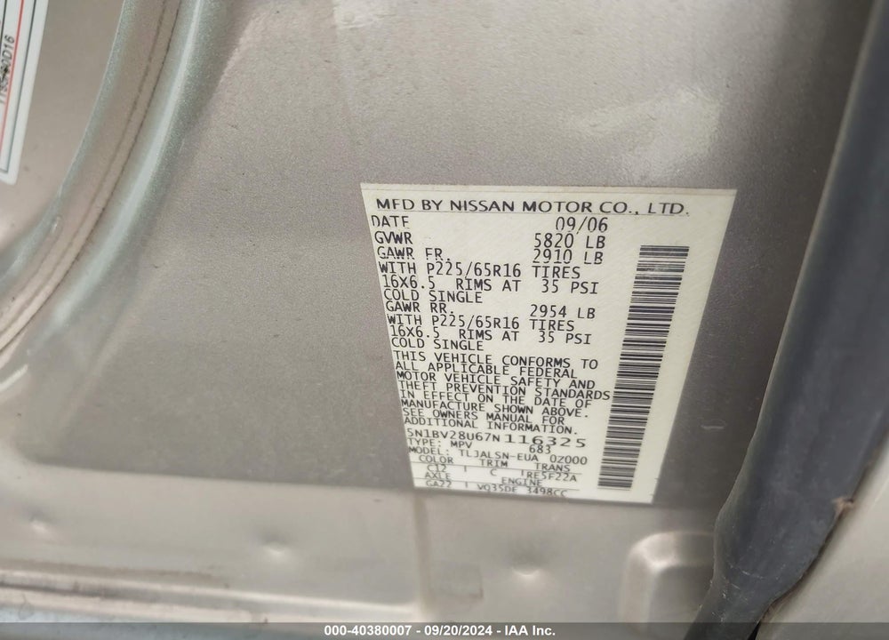2007 NISSAN QUEST 3.5 S VIN: 5N1BV28U67N116325