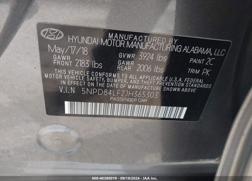 2018 HYUNDAI ELANTRA SEL VIN: 5NPD84LF2JH365303