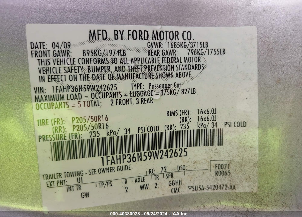 2009 FORD FOCUS SES VIN: 1FAHP36N59W242625