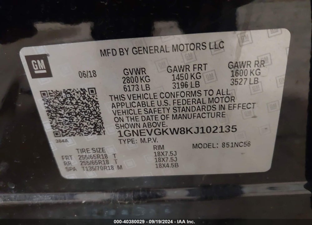 2019 CHEVROLET TRAVERSE 1LT VIN: 1GNEVGKW8KJ102135