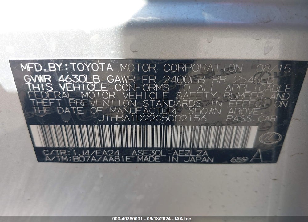 2016 LEXUS IS 200T VIN: JTHBA1D22G5002156