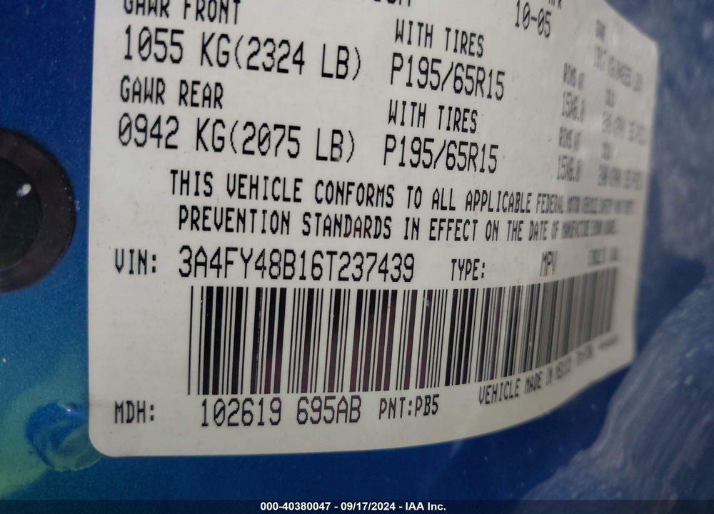 2006 CHRYSLER PT CRUISER VIN: 3A4FY48B16T237439