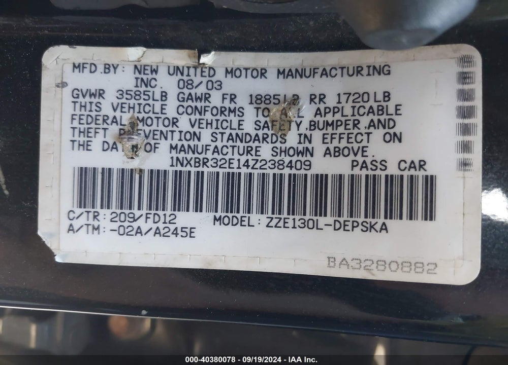 2004 TOYOTA COROLLA S VIN: 1NXBR32E14Z238409