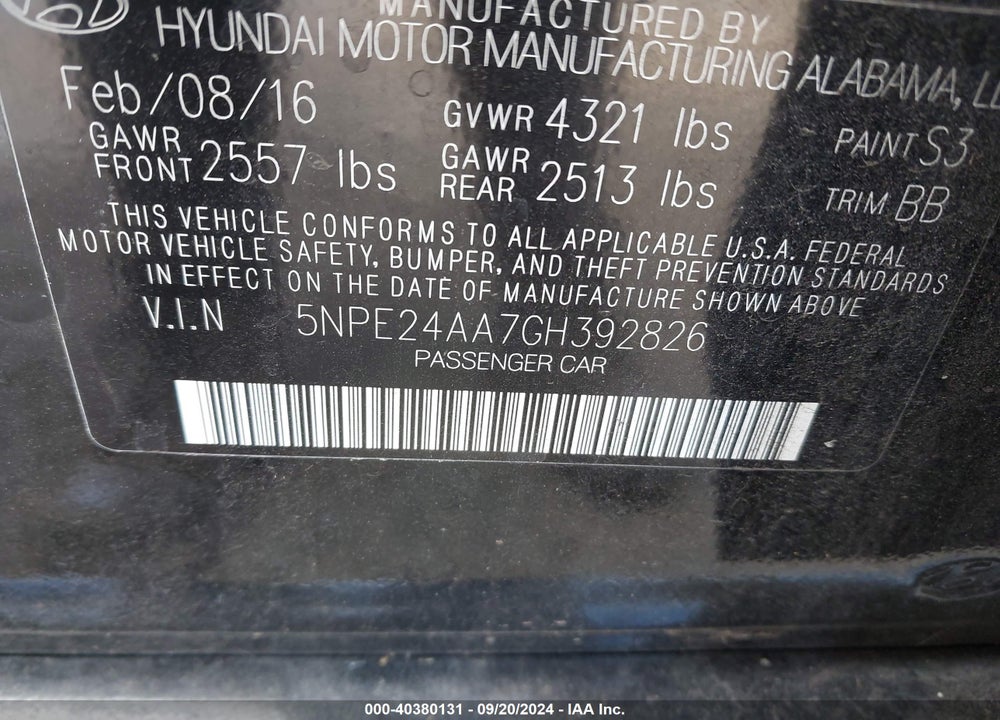2016 HYUNDAI SONATA ECO VIN: 5NPE24AA7GH392826
