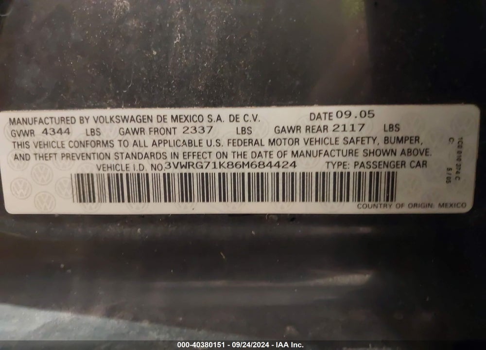2006 VOLKSWAGEN JETTA 2.5 VIN: 3VWRG71K86M684424