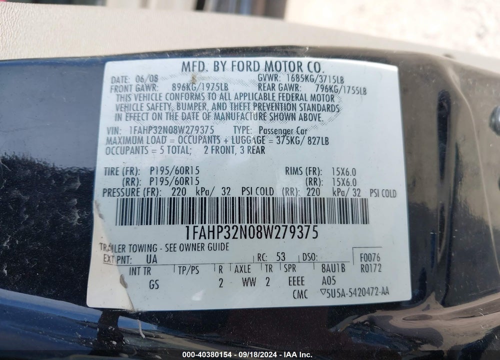 2008 FORD FOCUS S VIN: 1FAHP32N08W279375