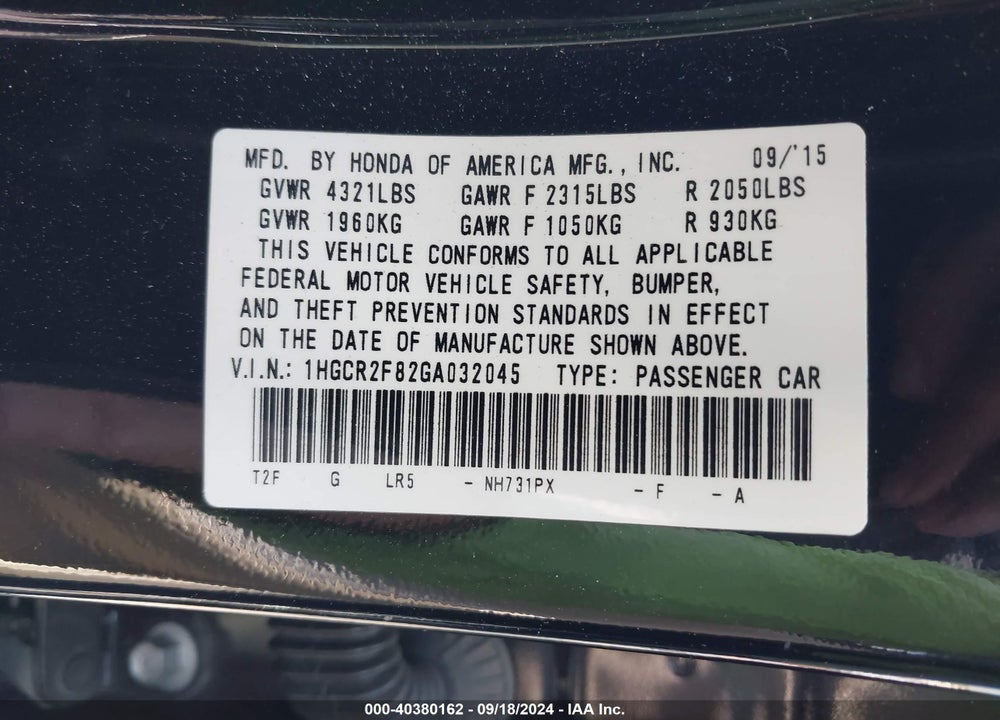 2016 HONDA ACCORD EX-L VIN: 1HGCR2F82GA032045