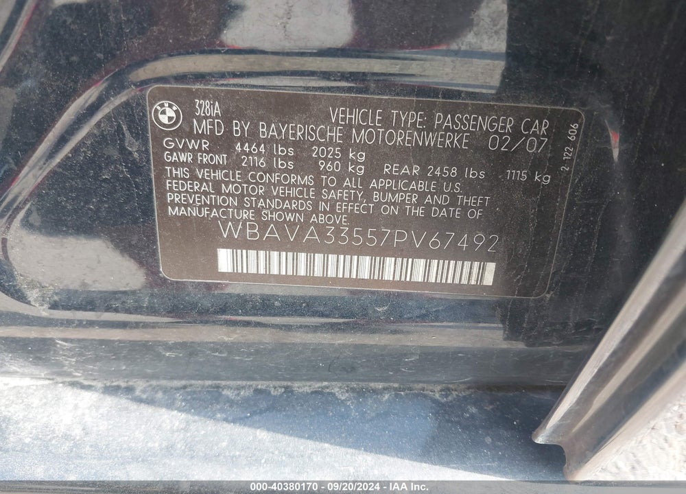 2007 BMW 328I VIN: WBAVA33557PV67492