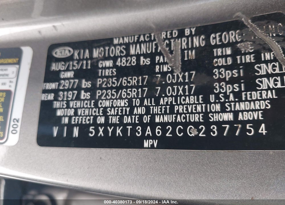 2012 KIA SORENTO LX VIN: 5XYKT3A62CG237754