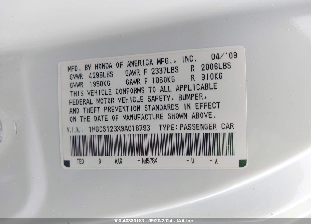 2009 HONDA ACCORD 2.4 LX-S VIN: 1HGCS123X9A018793