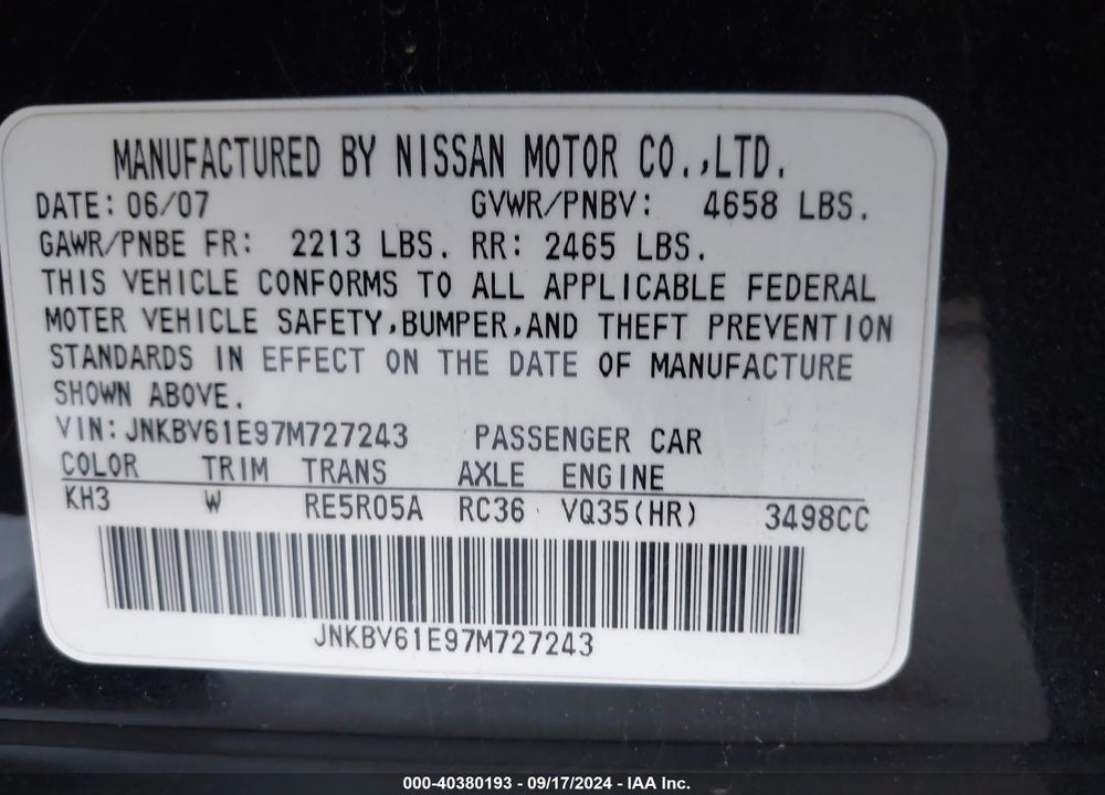 2007 INFINITI G35 JOURNEY VIN: JNKBV61E97M727243