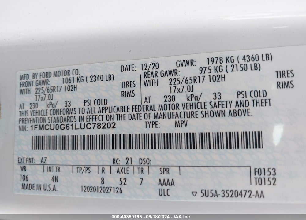 2020 FORD ESCAPE SE VIN: 1FMCU0G61LUC78202