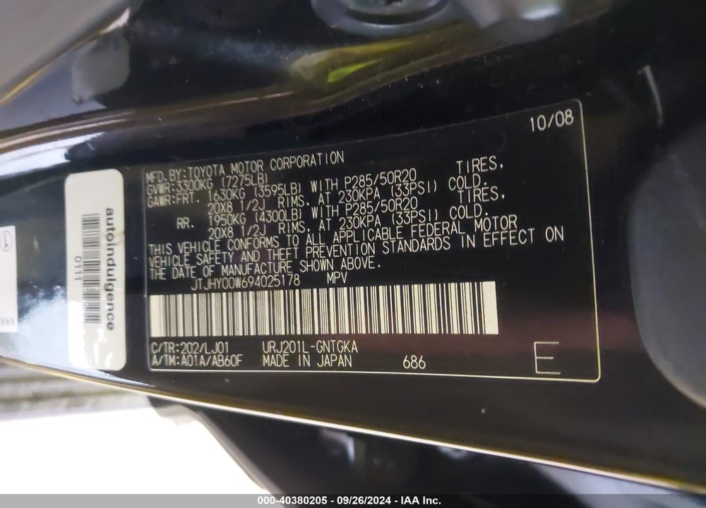 2009 LEXUS LX 570 VIN: JTJHY00W694025178