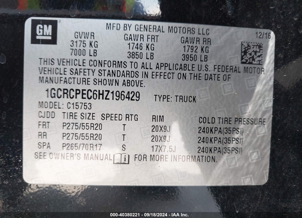 2017 CHEVROLET SILVERADO 1500 CUSTOM VIN: 1GCRCPEC6HZ196429