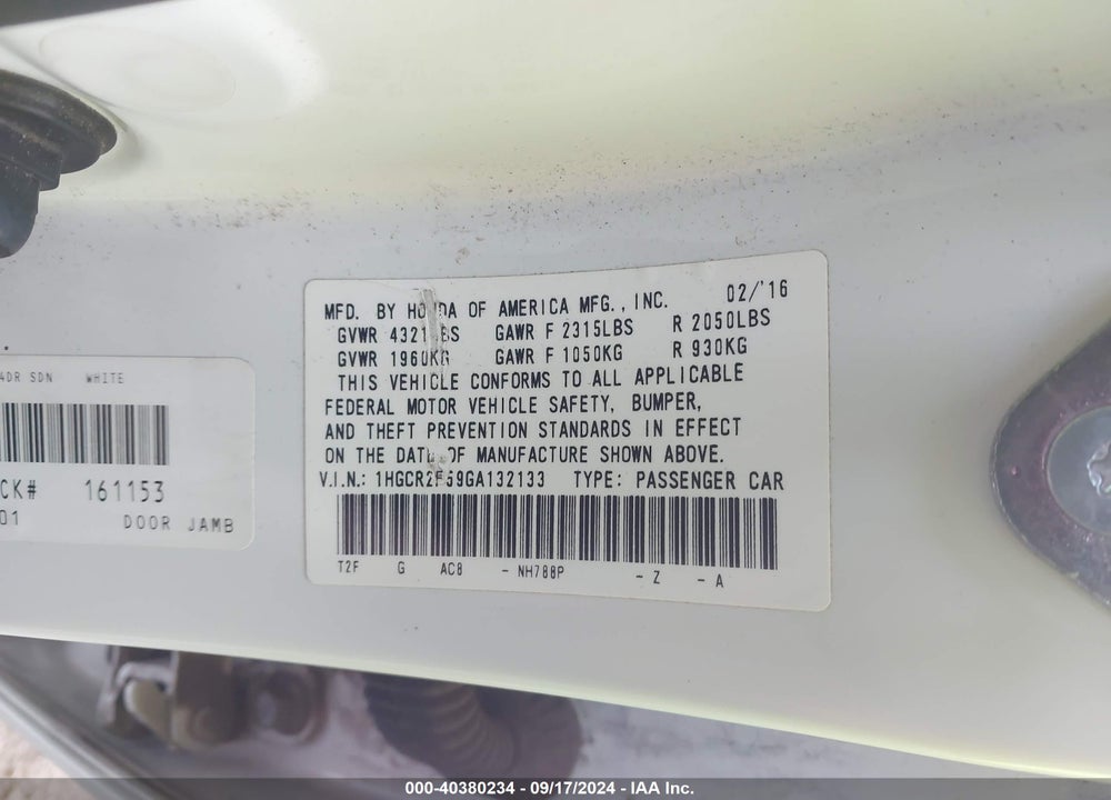 2016 HONDA ACCORD SPORT VIN: 1HGCR2F59GA132133