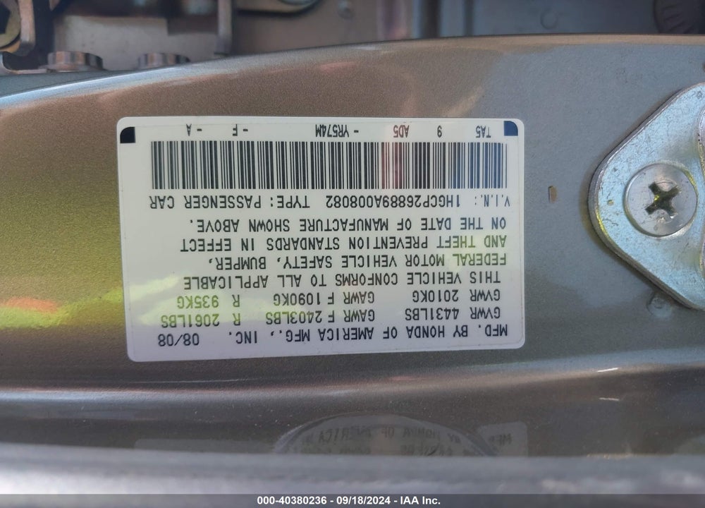2009 HONDA ACCORD 2.4 EX-L VIN: 1HGCP26889A008082