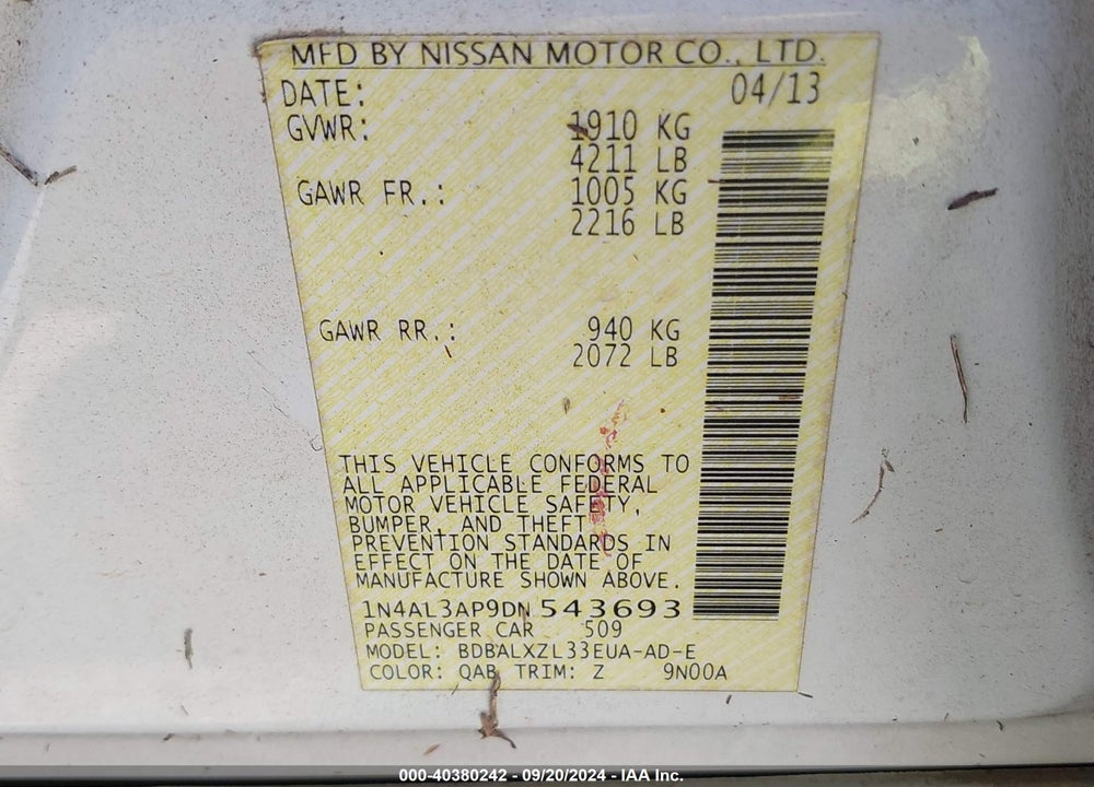 2013 NISSAN ALTIMA 2.5 SL VIN: 1N4AL3AP9DN543693