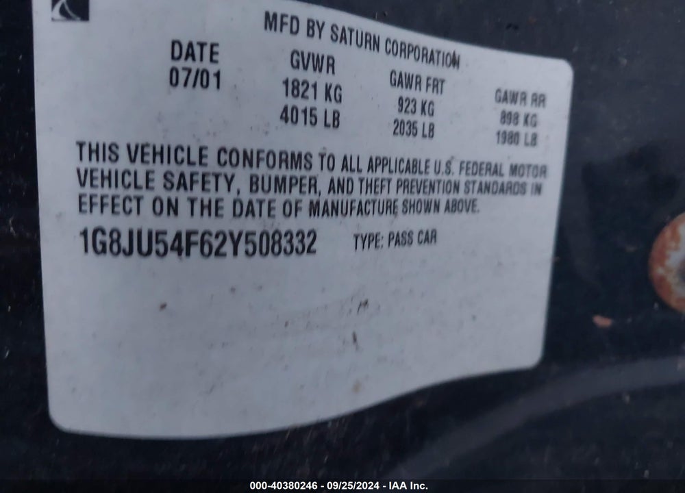 2002 SATURN L-SERIES L200 VIN: 1G8JU54F62Y508332