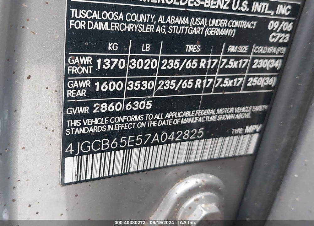 2007 MERCEDES-BENZ R 350 4MATIC VIN: 4JGCB65E57A042825
