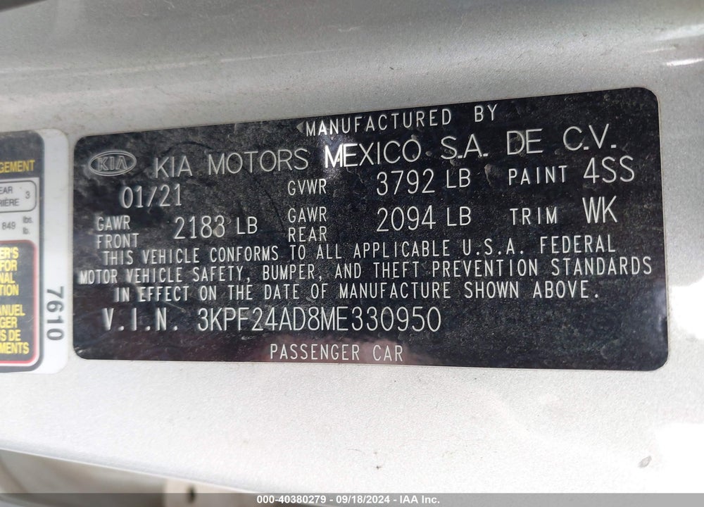 2021 KIA FORTE LXS VIN: 3KPF24AD8ME330950